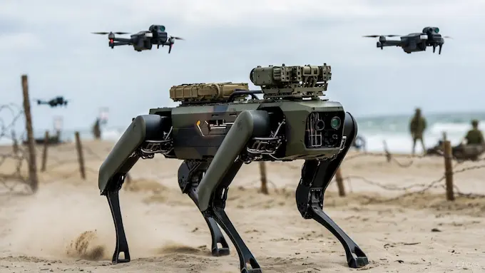 hinese military robot dog with FPV drones in amphibious drill