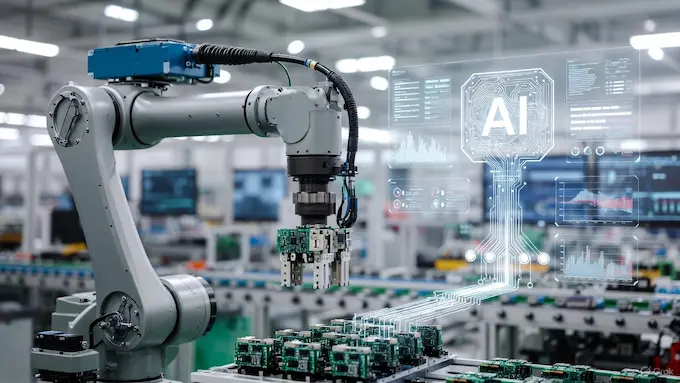 ndustrial robot arm labeled RW-RL on electronics assembly line