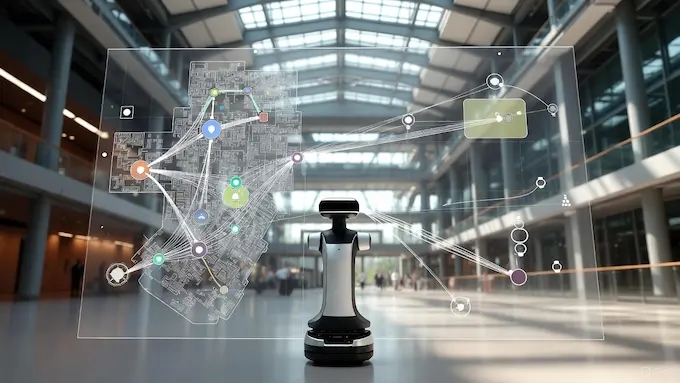 Mobile robot with an overlaid large-scale map graph in a public atrium