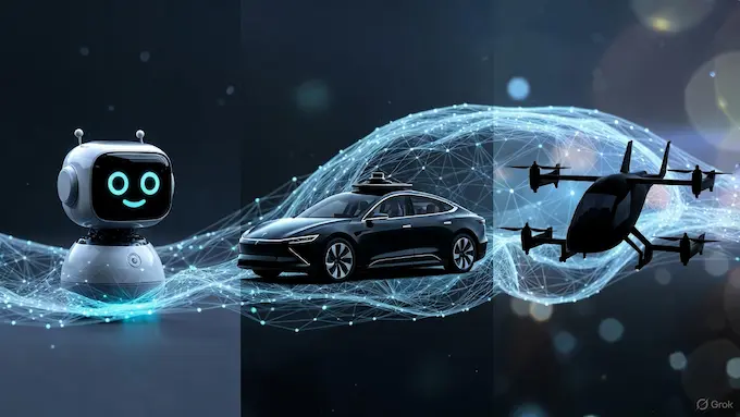 Concept collage linking a home robot, robotaxi, and eVTOL via AI overlays