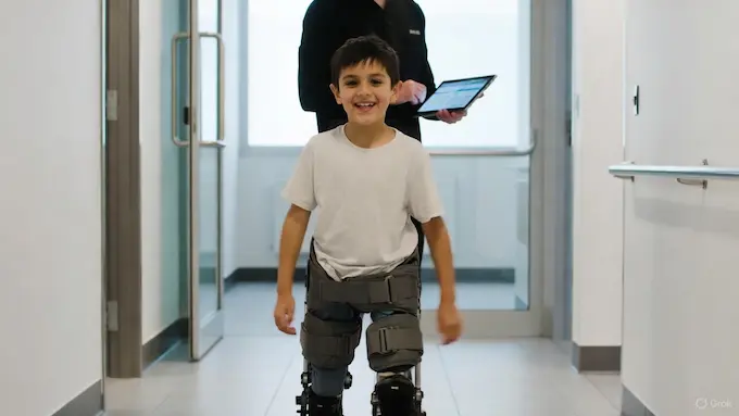 Child using a lightweight pediatric walking-assist exoskeleton in a clinic