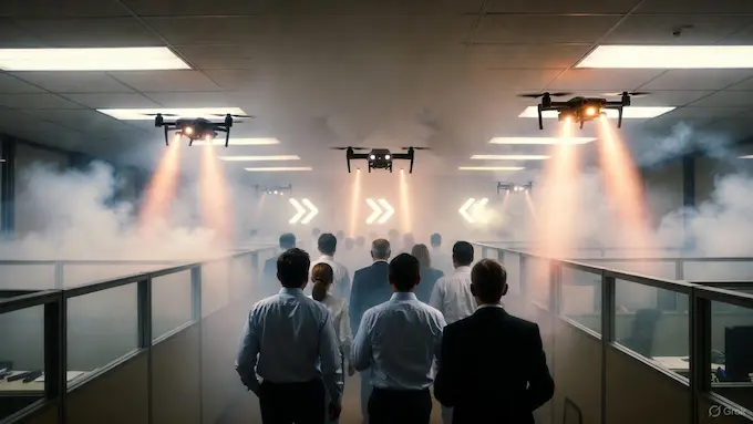 “Autonomous drones guiding evacuees through smoke during a fire drill”