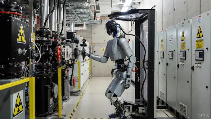 Humanoid robot in a nuclear facility with safety signage