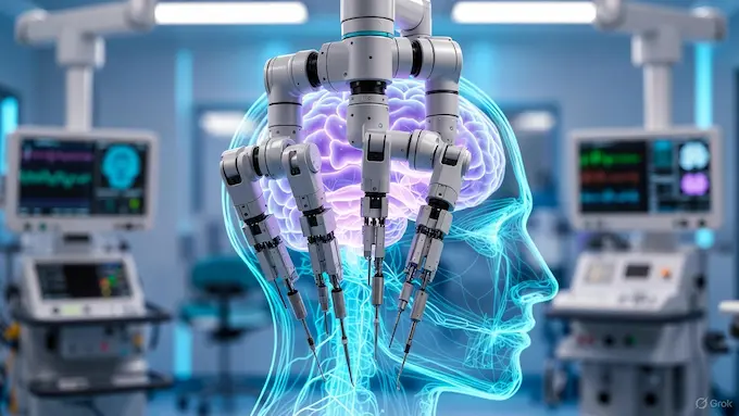 Surgical robot arm over a stylized neural interface diagram