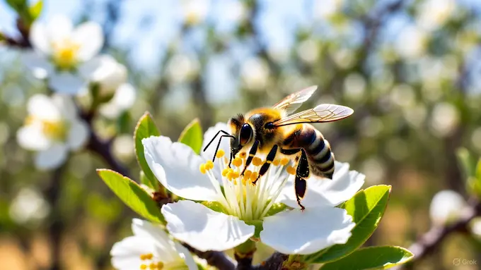 A healthy honeybee, covered in pollen, lands on a vibrant almond blossom, signifying successful pollination and a robust harvest.
