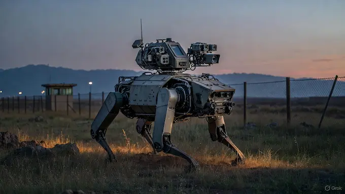 Military robot dog patrolling a perimeter fence in South Korea, highlighted in this Weekly Robotics News roundup