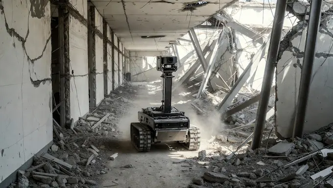 Small tracked reconnaissance robot exploring rubble inside a damaged building, as highlighted in Weekly Robotics News.