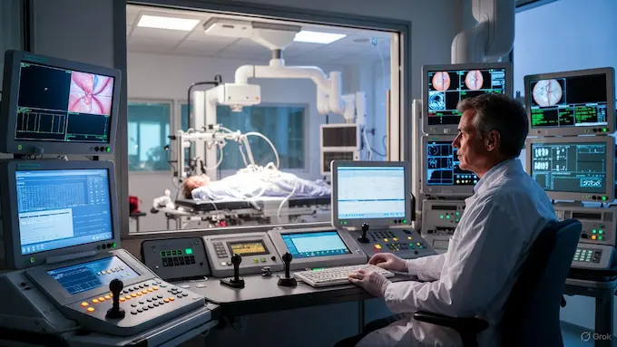 Doctor operating a Stereotaxis robotic magnetic navigation system from a remote console, featured in Weekly Robotics News.