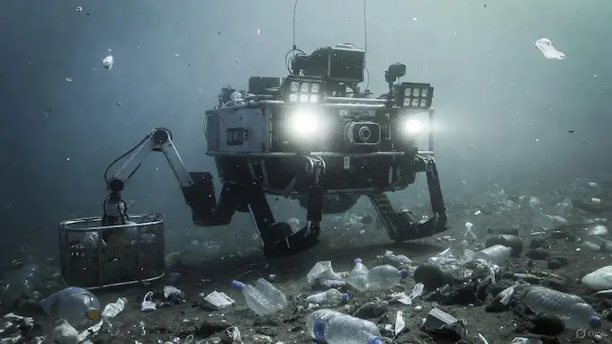 Unmanned underwater robot collecting plastic trash from the seabed, an environmental story highlighted in this Weekly Robotics News edition.
