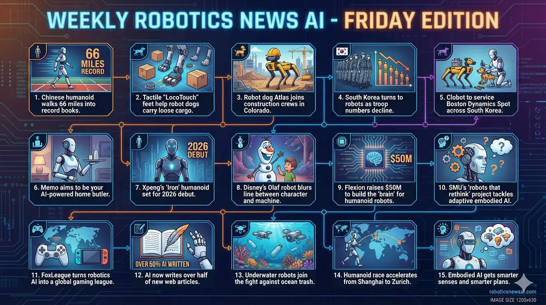 Infographic-style feature image titled “Weekly Robotics News AI – Friday Edition,” showing 15 illustrated panels highlighting stories from humanoid record walks and home robots to underwater cleanup and embodied AI, for The Bolt and the Byte weekly robotics news digest.