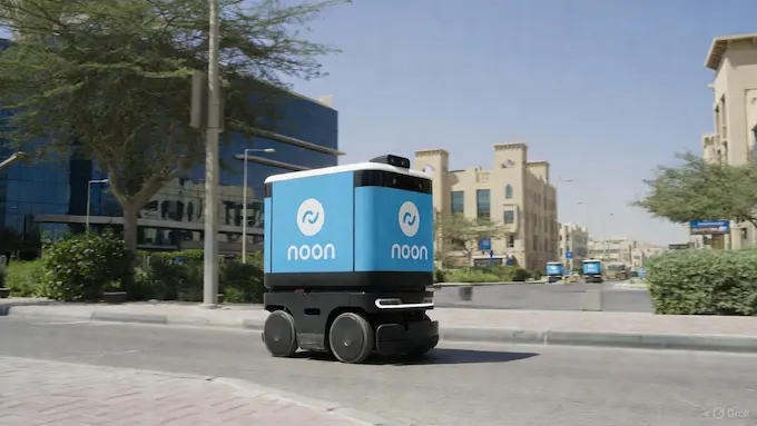 Sidewalk delivery robot branded for noon Minutes making a drop in Dubai in this Weekly Robotics News feature