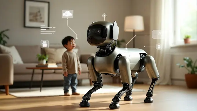  Lingxi-style consumer quadruped robot interacting with a child in a smart home scene for Weekly Robotics News.