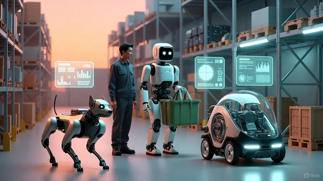 Humanoid, quadruped, and delivery robots working together in a futuristic warehouse city scene for a Weekly Robotics News feature article.