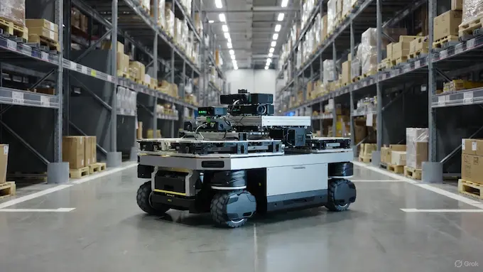 Hyundai’s MobED-style mobile base carrying equipment through a warehouse for Weekly Robotics News.