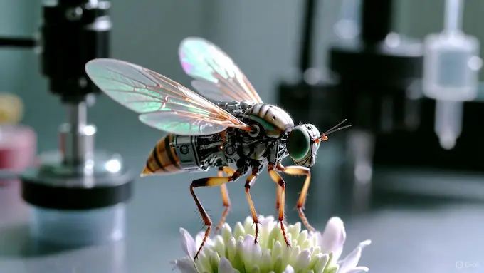 An MIT-style insect microrobot hovering near a flower in a lab for Weekly Robotics News.