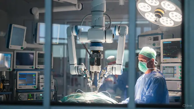  A surgical robotic system performing a procedure under remote surgeon supervision for Weekly Robotics News.