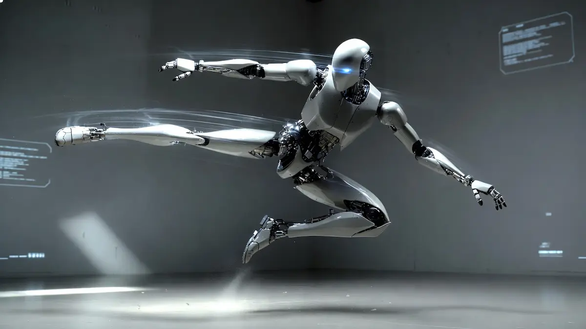 EngineAI T800 humanoid robot performing an agile spin kick, showcasing dynamic stability.