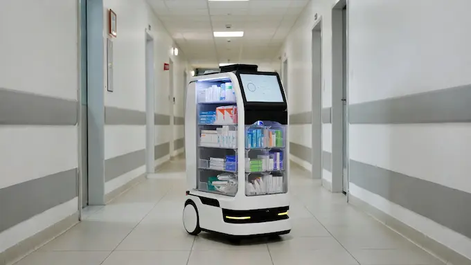 Autonomous hospital robot delivering drugs as covered in weekly robotics news.