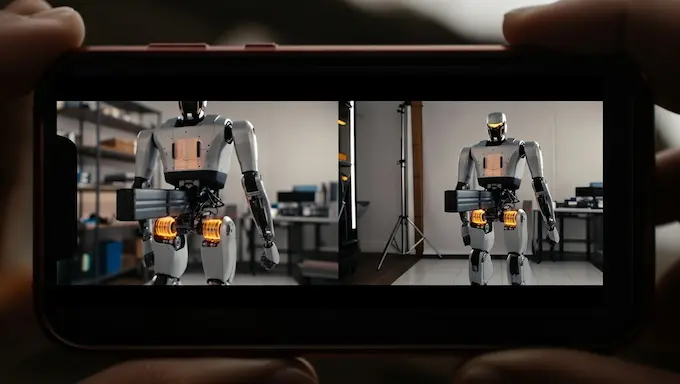 Split view showing cinematic vs behind-the-scenes footage style of a humanoid robot kick.