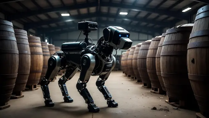 Robot detecting whisky barrel leaks featured in weekly robotics news.