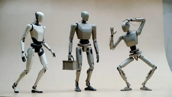 Three humanoid robot silhouettes representing agility, factory work, and extreme mobility in a comparison lineup.
