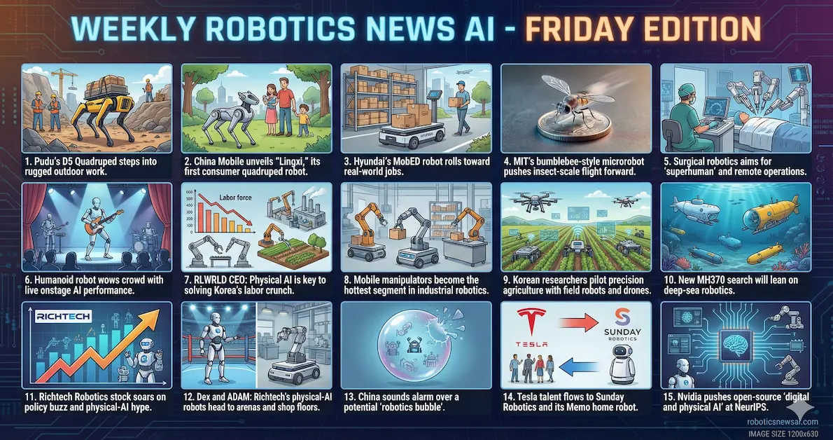 Feature collage for Weekly Robotics News showing 15 stories about quadruped robots, humanoid home assistants, surgical robots, farm bots, deep-sea search vehicles and other AI-powered machines from this week.
