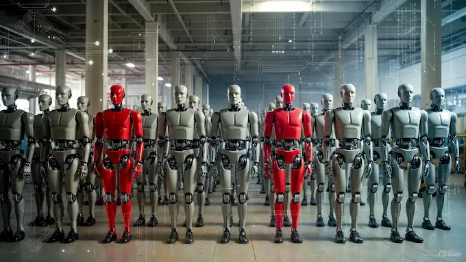  Graphic of humanoid robots with some compromised to illustrate botnet risks discussed in this Weekly Robotics News story.