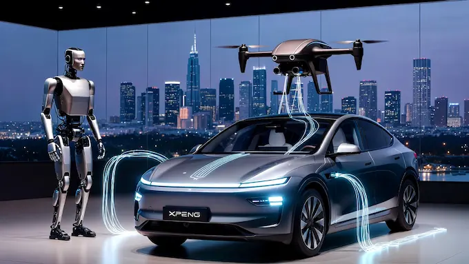 XPENG car, humanoid robot and drone sharing one AI platform in a Silicon Valley scene for Weekly Robotics News.