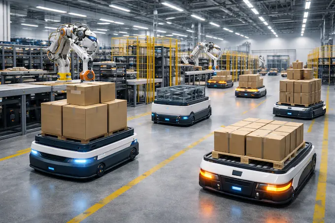 Industrial robots transporting materials in manufacturing environments.