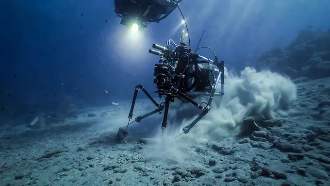 Underwater drilling robot operating on the deep seabed.
