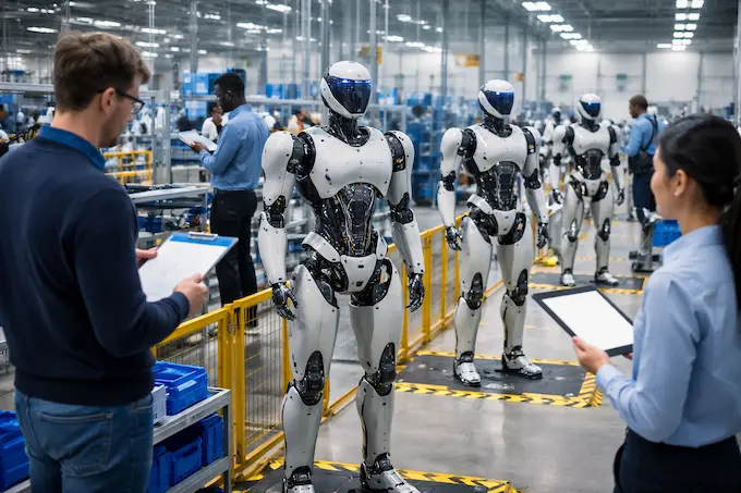 Engineers observe humanoid robots being tested on a modern production floor.
