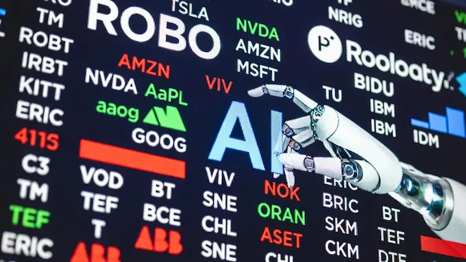 Stock market screen showing robotics stocks up.