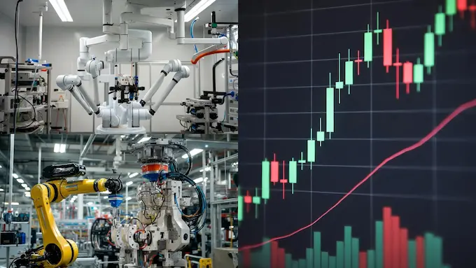 Surgical and industrial robots overlaid on a rising stock chart for a Weekly Robotics News investing story.