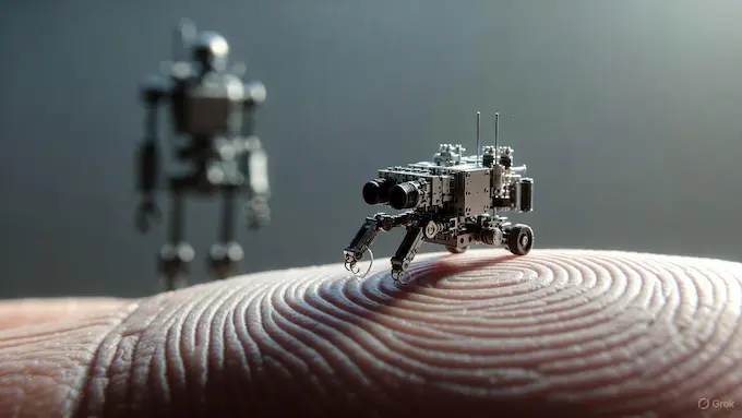 Microscopic autonomous robot perched on a fingertip alongside a faint humanoid outline for this Weekly Robotics News story.