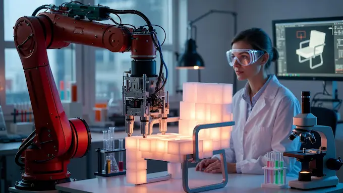 MIT lab robot arm building a modular chair from a spoken design brief for a Weekly Robotics News feature.