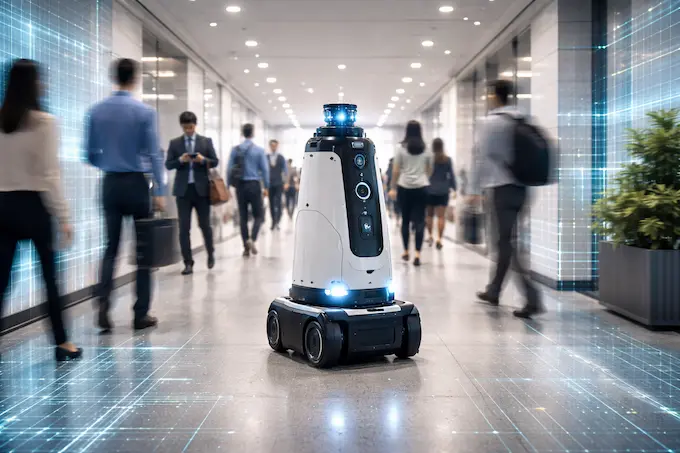 A mobile robot performs mapping while people move through a corridor.
