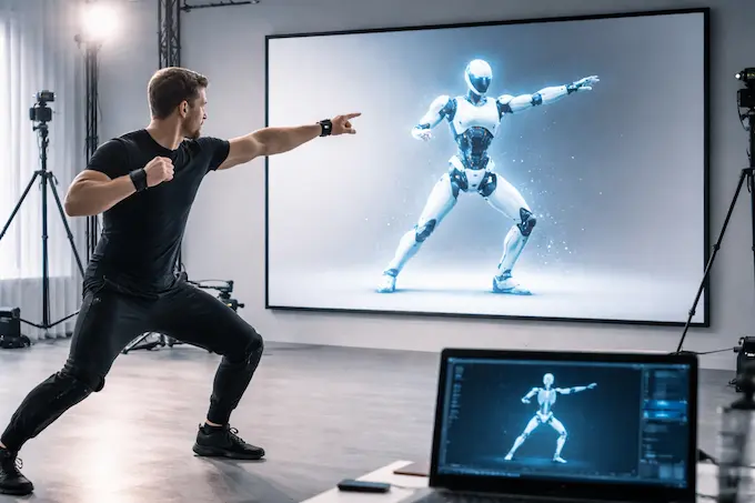 Motion capture data is visualized as it transfers into humanoid robot training.
