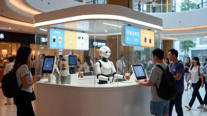 Humanoid barista working inside a modular AI service kiosk in a busy mall for Weekly Robotics News coverage.
