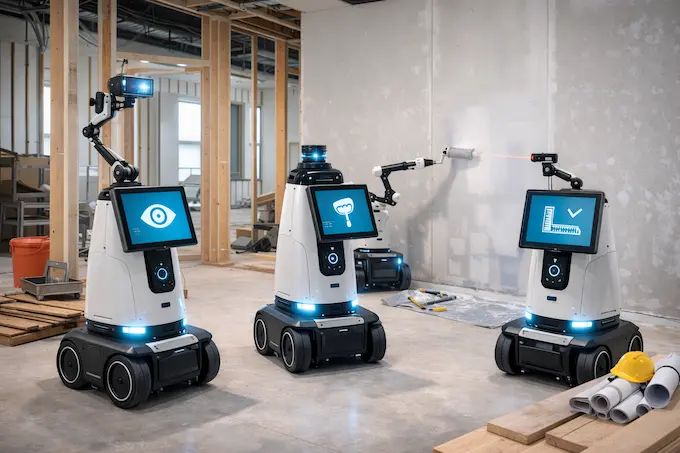 Construction robots coordinate tasks across different work zones on a job site.