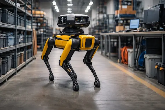 Boston Dynamics Spot robot carrying an add-on payload module for industrial inspection.