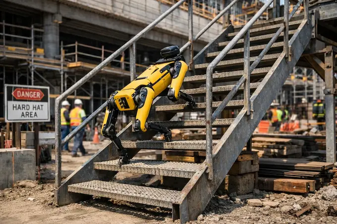 Boston Dynamics Spot robot climbing stairs to show mobility and terrain performance.